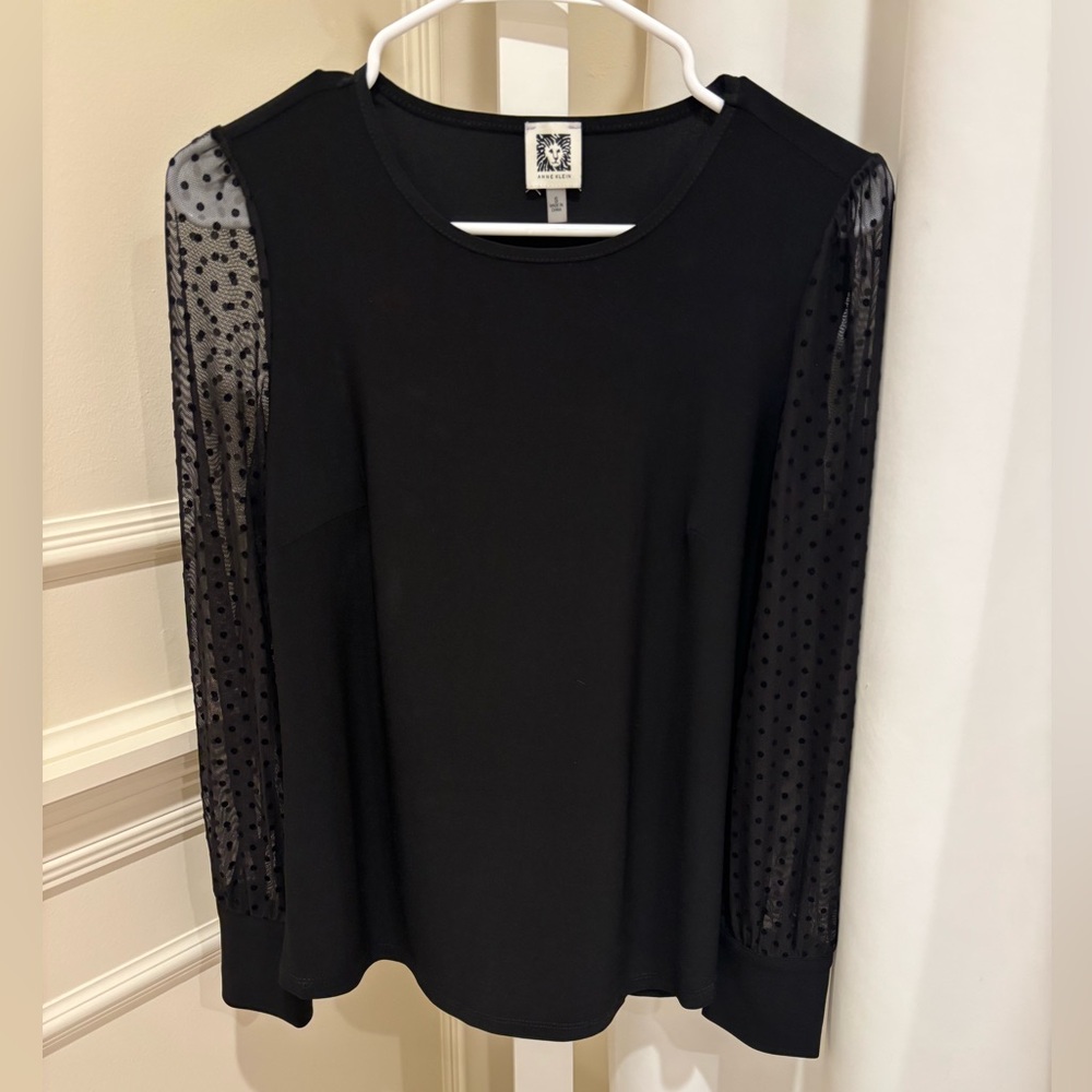 Anne Klein Elegant Black Sheer Sleeve Polka-dot polka dot Top Blouse small S
